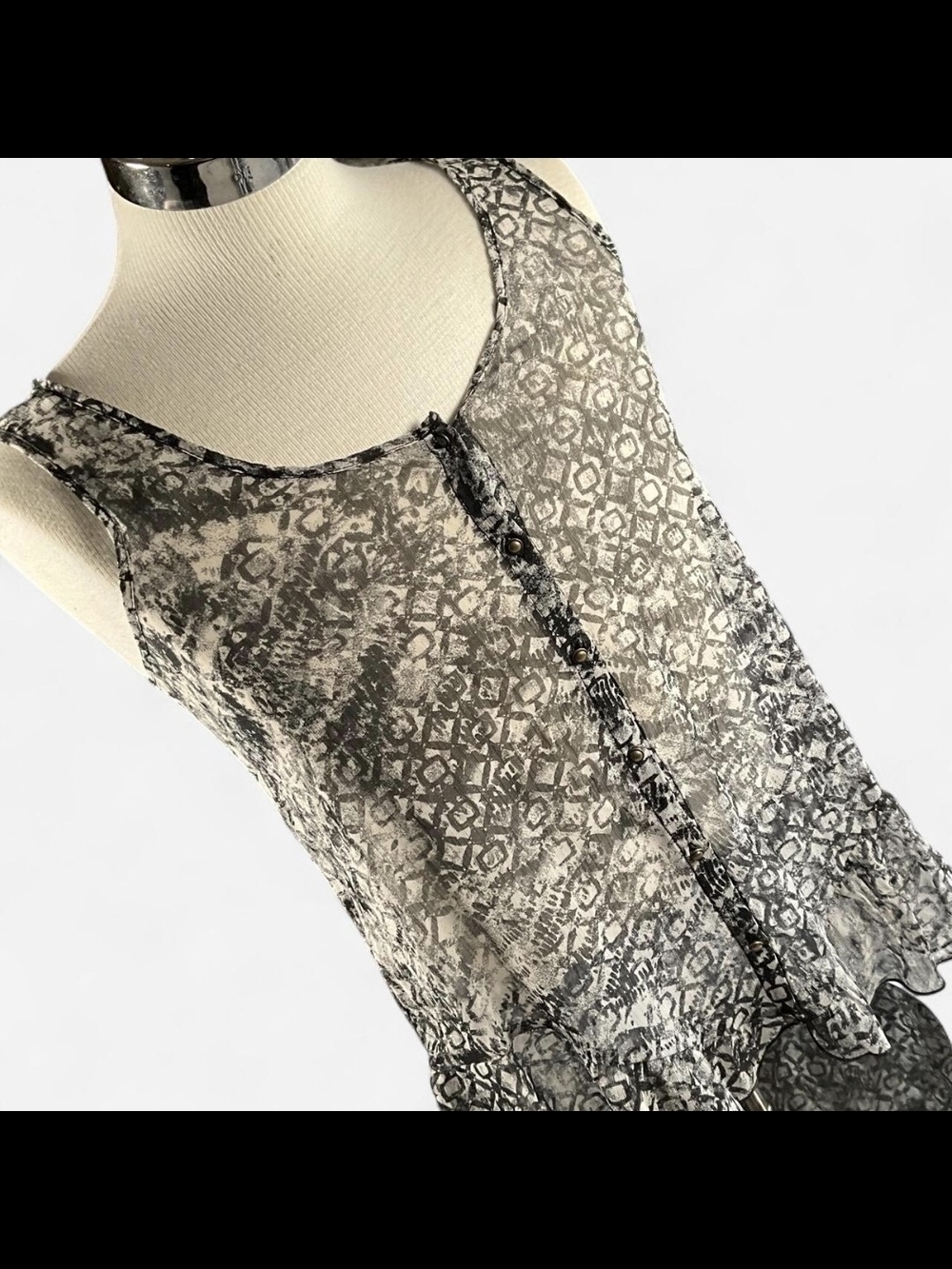 Sheer Gray Patterned Sleeveless Blouse